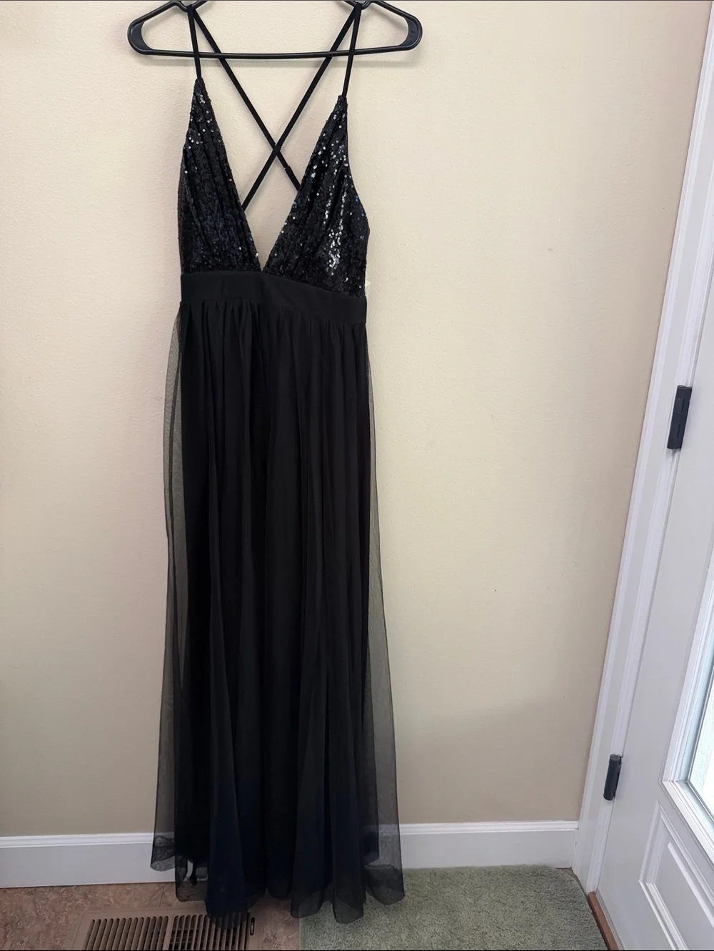 Luxxel Black Sequin V-Neck Mesh Maxi Slip Dress SzS